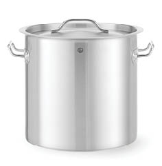 A stainless steel stockpot with two side handles and a matching lid is shown against a white background. Description generated by AI