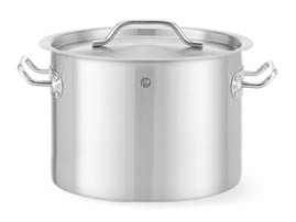 A stainless steel cooking pot with a lid and two side handles is shown against a white background. Description generated by AI