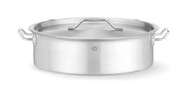 A stainless steel shallow cooking pot with two side handles and a matching lid with a handle on top. Description generated by AI