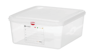 A transparent plastic storage container with a white lid and a label on the front. Description generated by AI