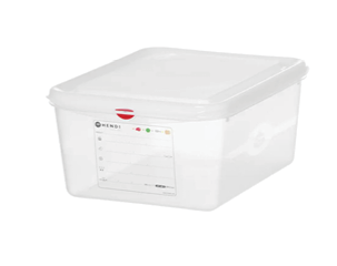 A clear plastic storage container with a white lid and a label on the front. Description generated by AI