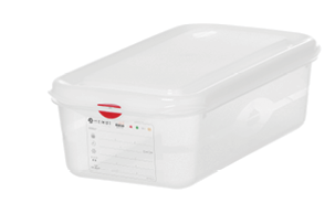 A translucent plastic storage container with a white lid and a label on the front featuring the brand name and measurement markings. Description generated by AI