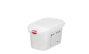 A clear plastic storage container with a white lid and red locking clips on the sides. Description generated by AI