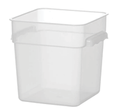 A transparent plastic storage bin with a square shape and handles on the sides. Description generated by AI