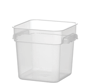 A clear plastic storage bin with handles on the sides. Description generated by AI