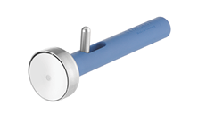 A blue handheld device with a round metallic head and a small vertical metal pin attached near the head. Description generated by AI