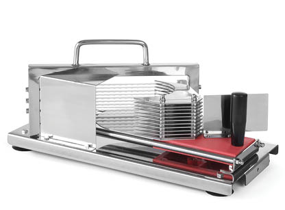 A stainless steel commercial-grade slicer with a handle and multiple evenly spaced blades is positioned on a red base. Description generated by AI