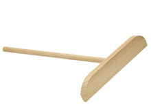 A wooden floor squeegee with a long handle and a flat, angled head. Description generated by AI