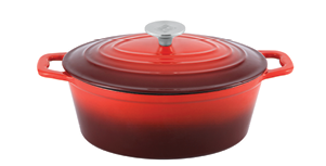 A red and black gradient cast iron oval Dutch oven with a lid and two handles. Description generated by AI