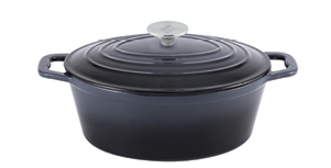 A dark blue oval cast iron Dutch oven with a matching lid and two handles on each side. Description generated by AI