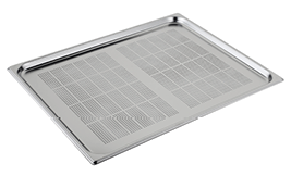 A rectangular stainless steel perforated baking tray with raised edges. Description generated by AI