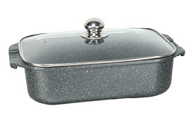 Rectangular gray speckled roasting pan with black handles and a transparent glass lid with a silver knob. Description generated by AI