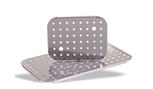 Two rectangular metal plates with rounded corners and multiple circular holes are placed on a white background, one standing upright and the other lying flat. Description generated by AI