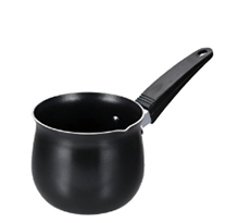 A black metal saucepan with a curved body and a long black handle is shown against a white background. Description generated by AI