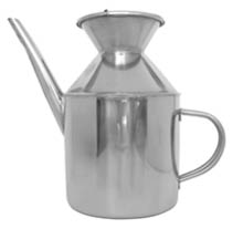 A shiny metal oil can with a long spout and a handle on the side. Description generated by AI