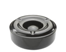A black round ashtray with three cigarette rests evenly spaced around the top edge. Description generated by AI