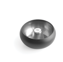 A black and silver metal bowl with a raised center cone, designed for holding and cooling a beverage glass. Description generated by AI