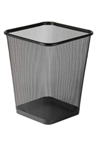 A black metal mesh wastebasket with a square shape and rounded edges. Description generated by AI