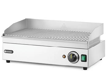 A stainless steel electric grill with a ridged cooking surface, a temperature control knob, and a power switch on the front panel. Description generated by AI