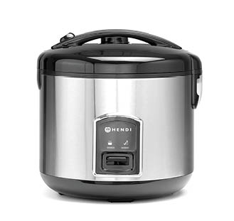 A stainless steel electric rice cooker with a black lid and handle on top. Description generated by AI