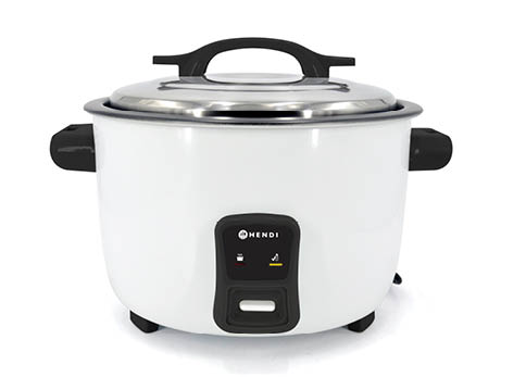 A white electric rice cooker with black handles, a black lid handle, and indicator lights on the front panel. Description generated by AI