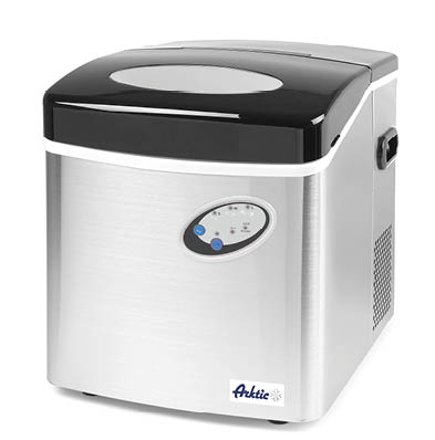A compact stainless steel ice maker with a black top and a small oval control panel on the front. Description generated by AI
