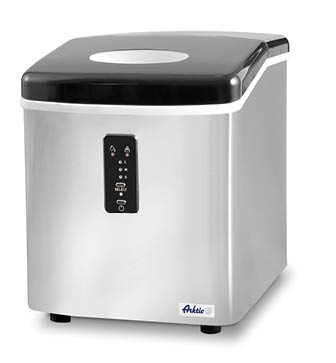 A modern stainless steel ice maker with a black top and a control panel featuring buttons and indicator lights. Description generated by AI