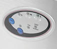 Control panel with buttons labeled Select and Power and options for sizes S, M, L, ice, and add water. Description generated by AI