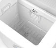 An empty white plastic storage bin with a handle and a latch on the side. Description generated by AI